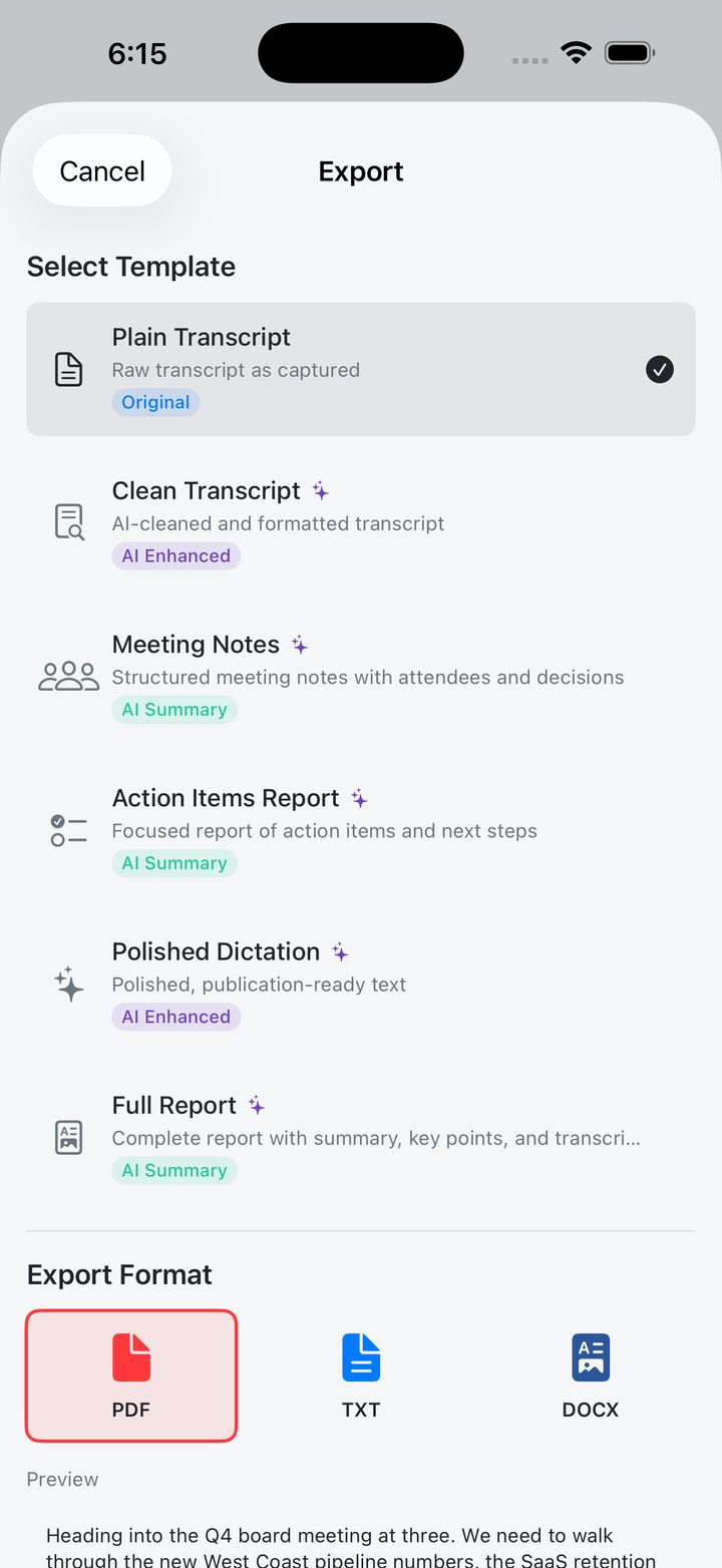 Export templates and formats