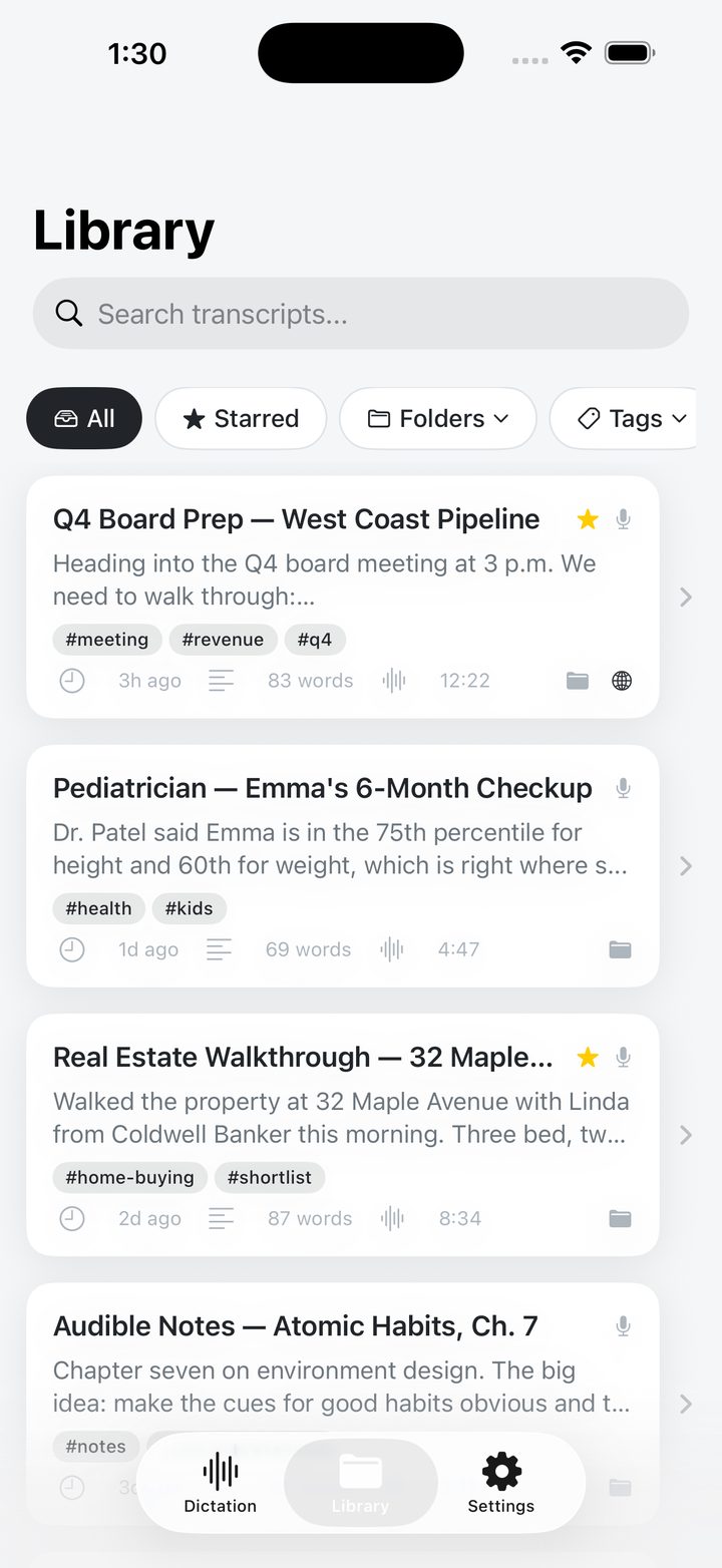 Library of recordings with AI titles, tags and search