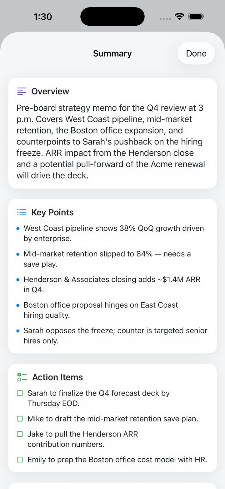 AI summary with overview, key points and action items